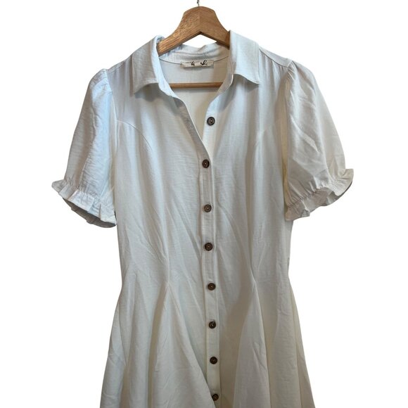 Hint Of Blush White Button-Up Short Sleeve Pleated Mini Dress Women's Size M - Picture 3 of 5